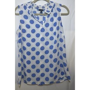 Talbots Blue‎ White Polka Dot Ruffle Collar Sleeveless Blouse Women's Medium